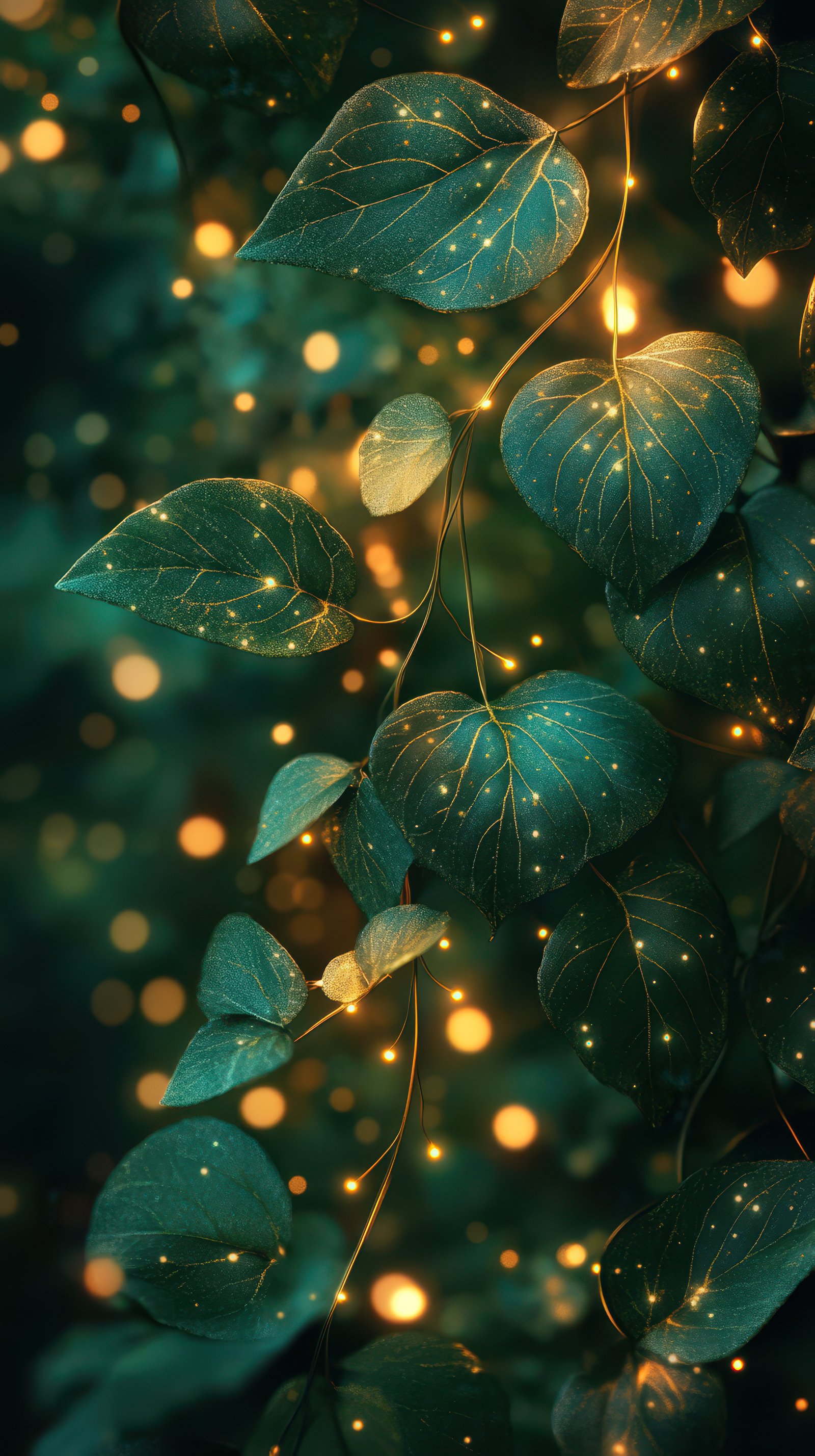 Twinkling leaves illuminated by soft golden lights create a magical atmosphere in a lush garden at dusk